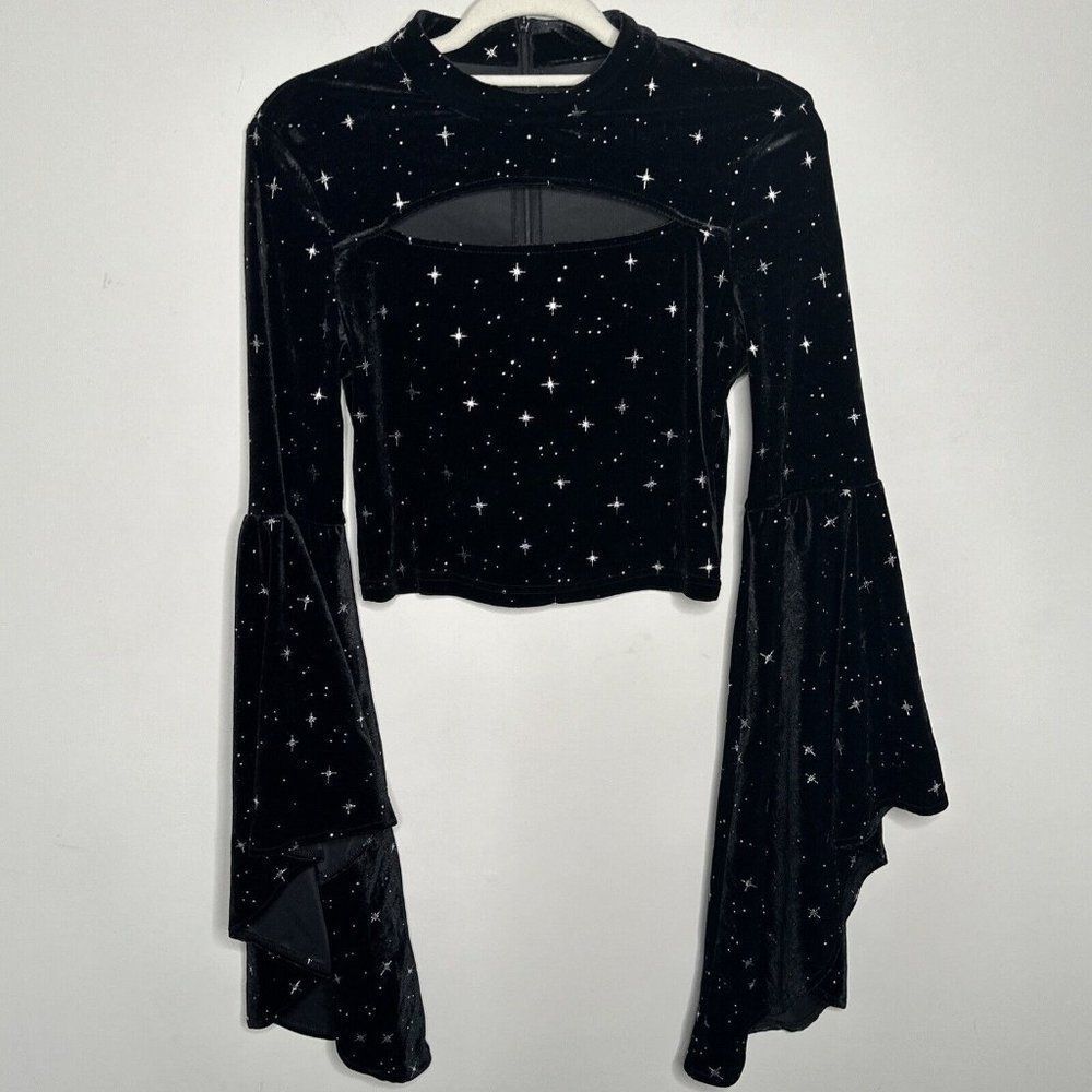 Cider Velvet Star Pattern Bell Sleeve Top Women’s M Black Festival Witchy Boho